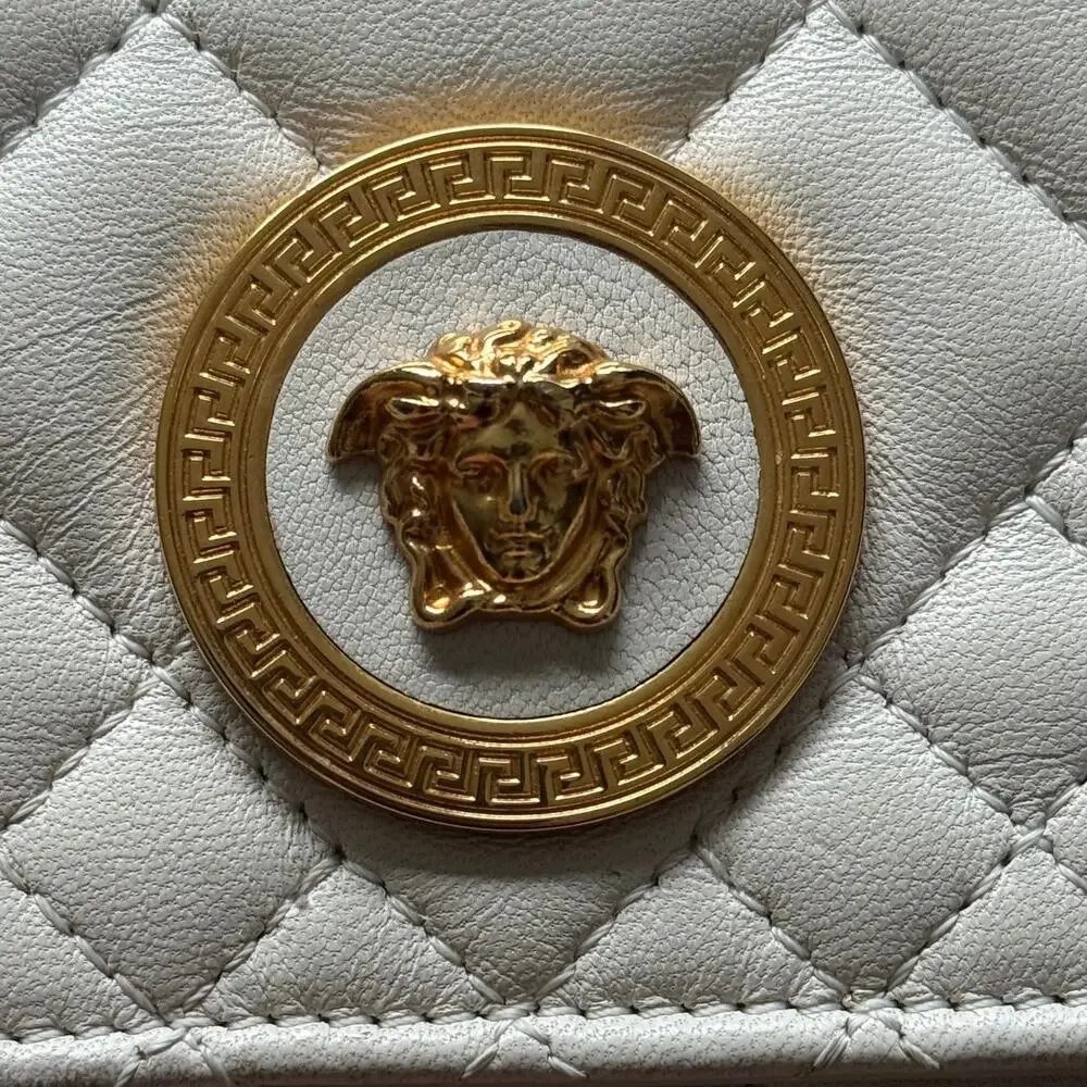 Versace Off White Quilted Leather La Medusa Gold Chain Clutch